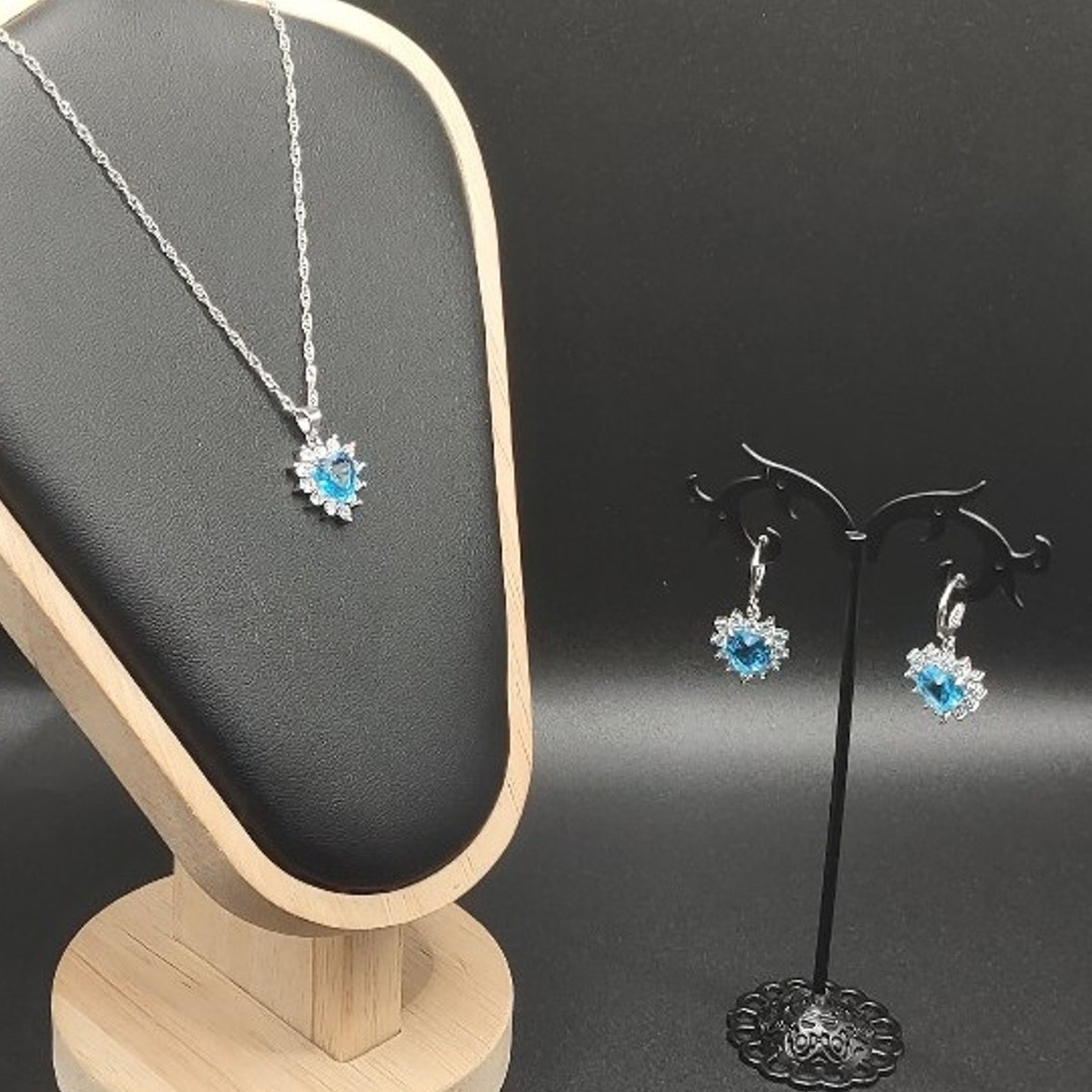 925 Silver Blue Lab Aquamarine Cz Diamonds Necklace & Earrings Set Boho Jewelry